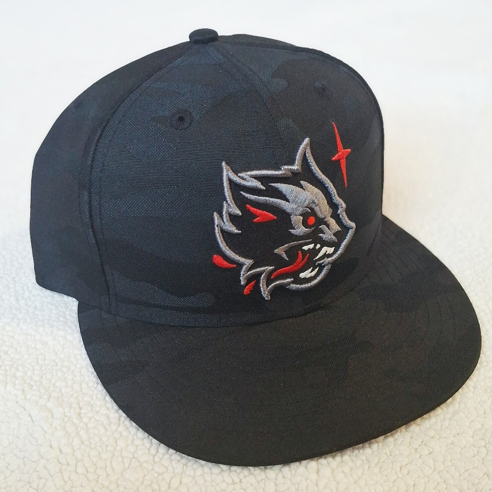 New Era Black Camo Noble North Cap with Red and Gray Wolf Logo